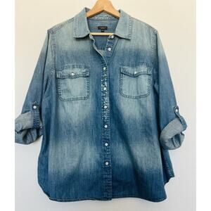 Talbots Chambray Denim Button Down Sz 2XP Blue Long Sleeve Pockets Western Boho